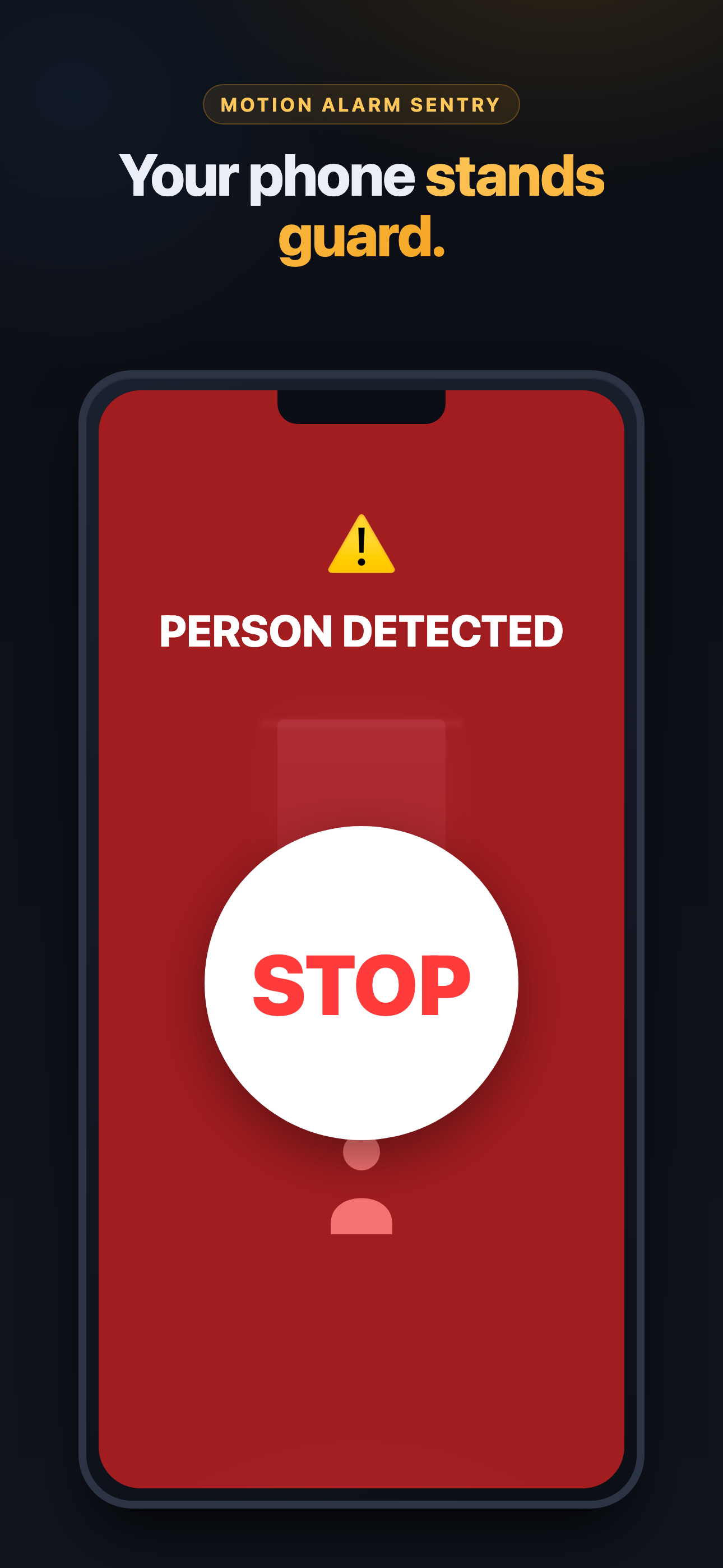 Vigil alarm screen — PERSON DETECTED