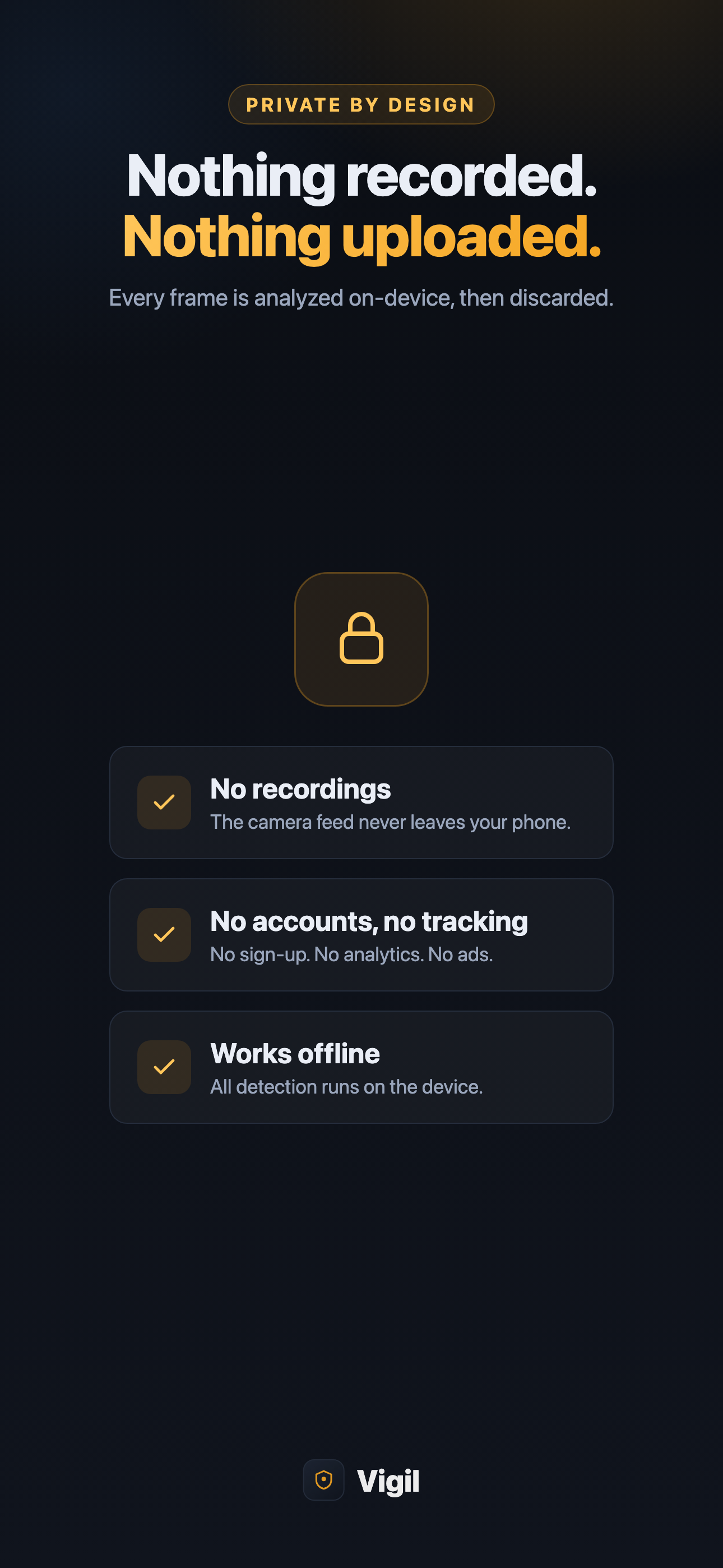 Privacy — nothing recorded or uploaded